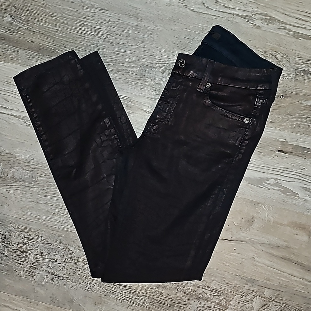 7 for All Mankind Size 28 Metallic Black/Brown Reptile Print Skinny Jeans